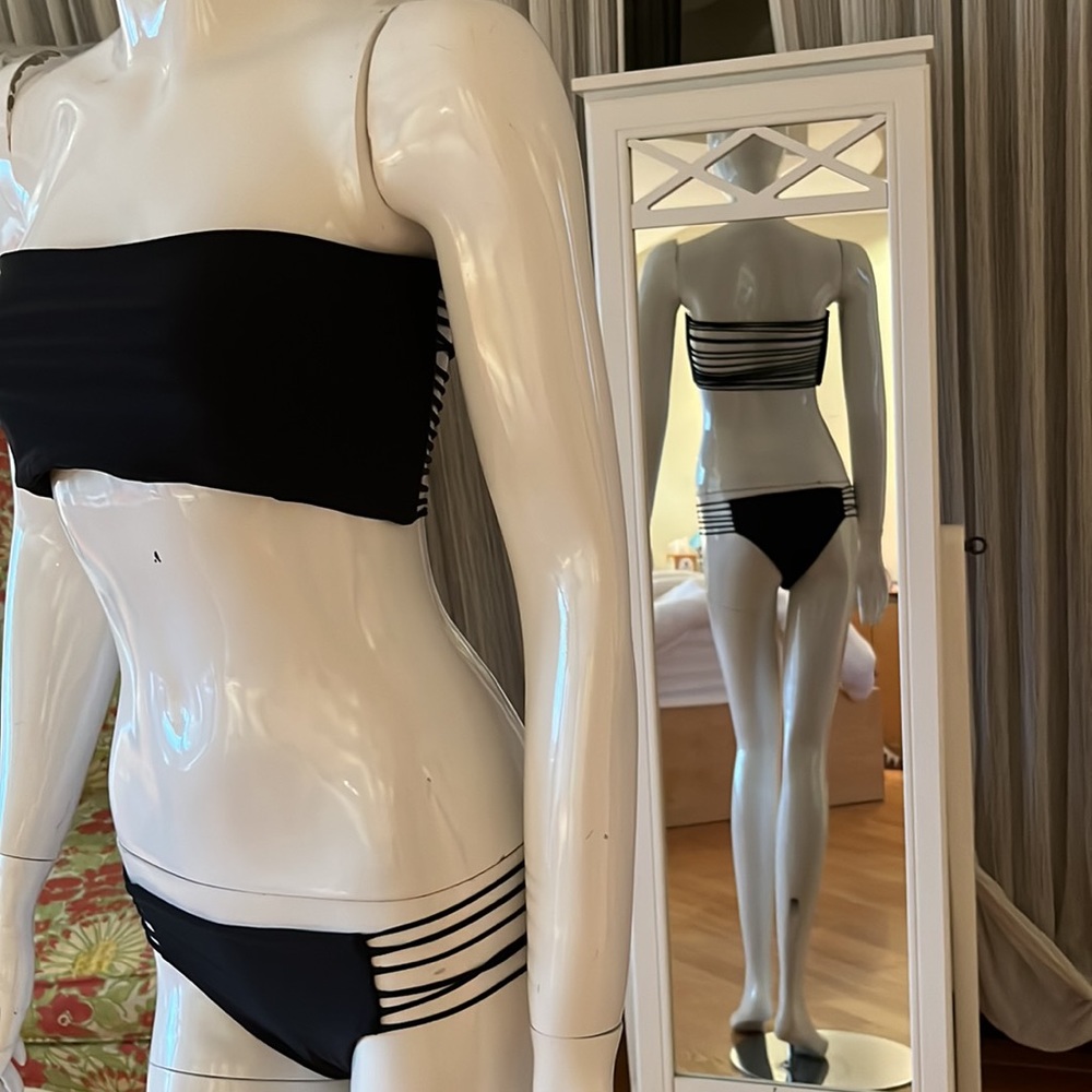 Designer, two-piece, unique, fun, stripy, versatile, bathing suit.